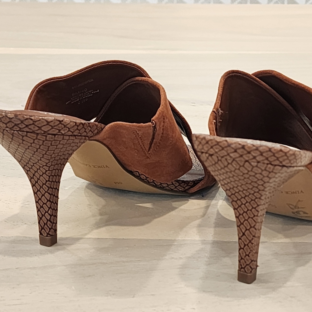 Vince Camuto Women's Rehnya Warm Caramel Suede Cris Cross Heel Sandal Size 9 - Picture 4 of 8